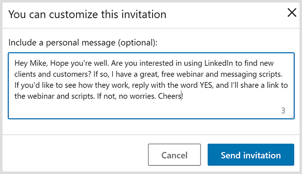 „LinkedIn“ ryšio kvietimas su asmenine žinute pagrįstas keturiais Johno Nemo pasiūlymais.