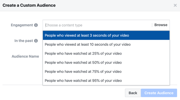 Galimybė sukurti pasirinktą „Facebook“ skelbimų auditoriją žmonių, kurie žiūrėjo dalį jūsų vaizdo įrašo.