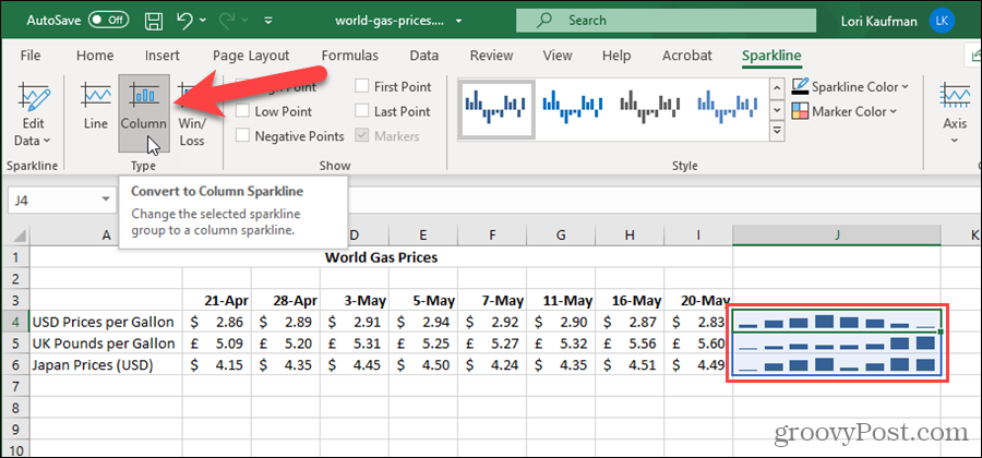 „Excel“ keiskite „Sparkline“ tipą