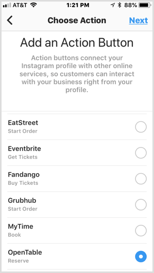 „Instagram“ pridėkite veiksmo mygtuko ekraną, skirtą trečiųjų šalių paslaugoms