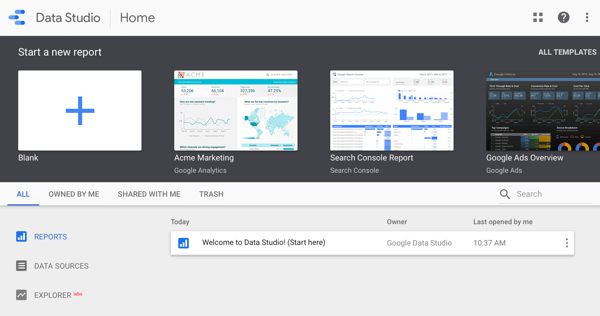 Naudokite „Google Data Studio“, 1 veiksmas.