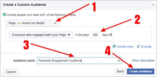 Užpildykite išsamią informaciją, kad sukurtumėte „Facebook“ puslapio įtraukimo pasirinktinę auditoriją.