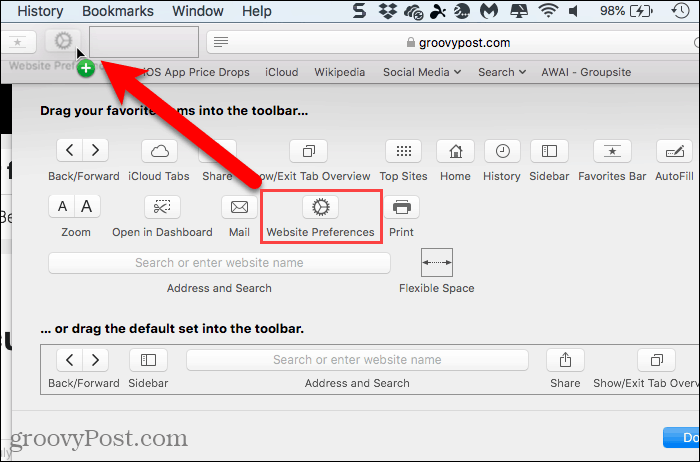 Pridėti „Windows Preferences“ mygtuką prie „Safari“, skirto „Mac“, įrankių juostos