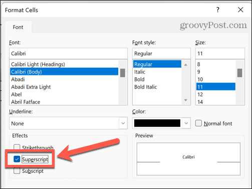 excel viršutinio indekso tekstas