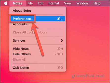 „Mac“ sistemoje „Notes“ pasirinkite Preferences