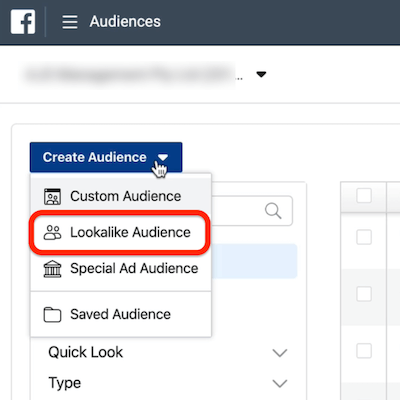 „Searchalike Audience“ parinkties ekrano kopija, apkelta „Ads Manager“ išskleidžiamajame meniu Kurti auditoriją