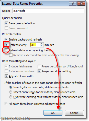 automatinis duomenų atnaujinimas „Excel“ 2010 m