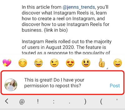 „instagram post“ komentaro atsakymo pavyzdys komplimentas ir prašymas leisti pakartotinai paskelbti turinį