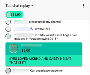 Tai yra „Nimmin Live“ „YouTube“ tiesioginės laidos „Super Chat“, kurią vedė Nickas Nimminas ir jo brolis Dee Nimminas, ekrano kopija. Žiūrovas skyrė 5,00 USD ir pakomentavo „#Yes Loved MKBHD and Caesy Neisat that it it!“