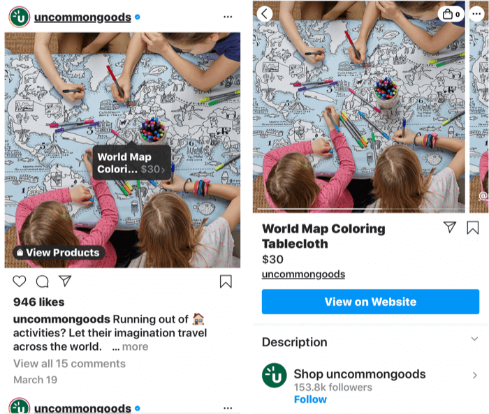 ekrano kopijos, kuriose rodoma „instagram“ žyma, pridėta prie perkamo produkto įrašo, taip pat produkto parduotuvės puslapis, kai pasirenkama įrašo žyma