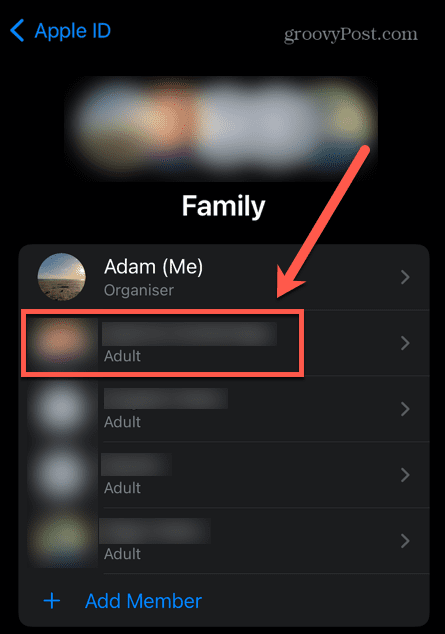 iphone pasirinkite šeimos narį