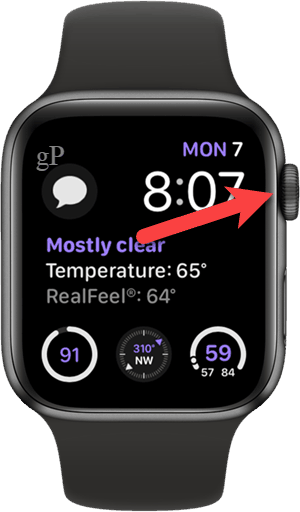 Paspauskite skaitmeninį vainikėlį ant savo „Apple Watch“