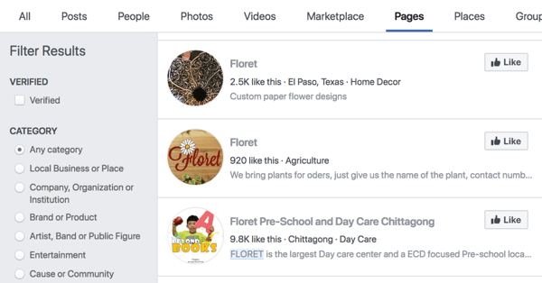 Floret „Facebook“ puslapių paieškos rezultatai.