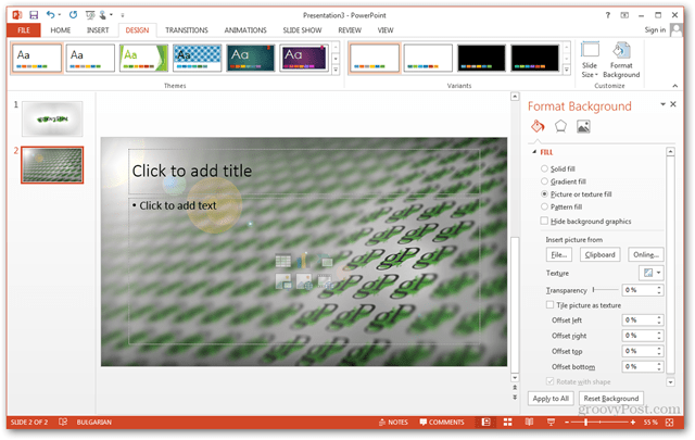 „Office 2013“ šablono kūrimas Padaryti pritaikytą dizainą „POTX“ tinkinti skaidrių skaidrių mokymo programą. Kaip pritaikyti foną