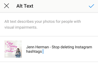 Kaip pridėti „Alt“ tekstą prie „Instagram“ įrašų, 7 žingsnis, parinktis išsaugoti „Alt“ teksto pakeitimus