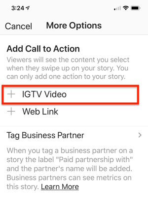 Galimybė pasirinkti „IGTV Video Link“, kurią norite pridėti prie savo „Instagram“ istorijos.
