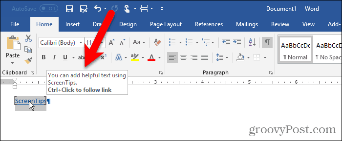 Tinkintas ekrano patarimas „Word“ tekste