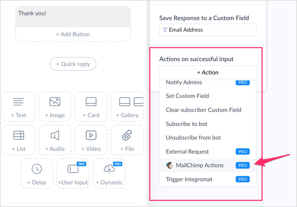 Veiksmų sąraše pasirinkite „Mailchimp Actions“.