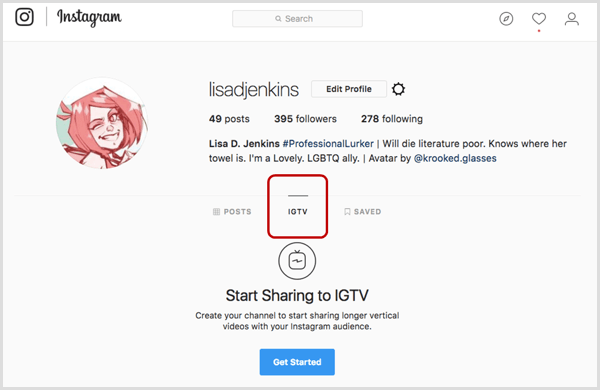 „IGTV“ skirtukas „Instagram“ profilyje.
