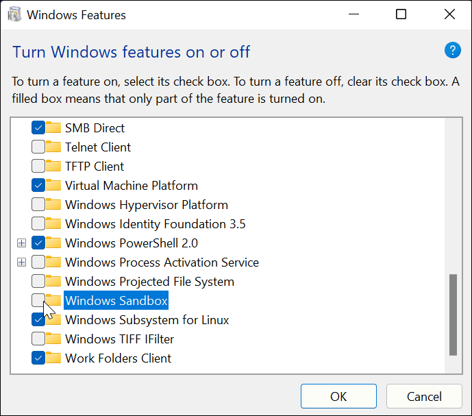 Panaikinkite „Windows Sandbox“ žymėjimą