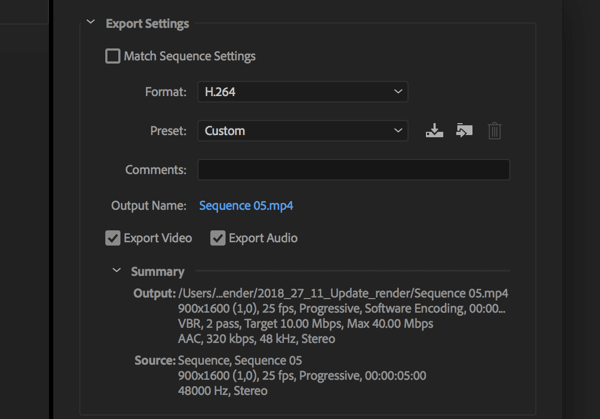 „Adobe Premier Pro“ vaizdo įrašo eksportavimo nustatymas, kai formatas nustatytas kaip H.264.