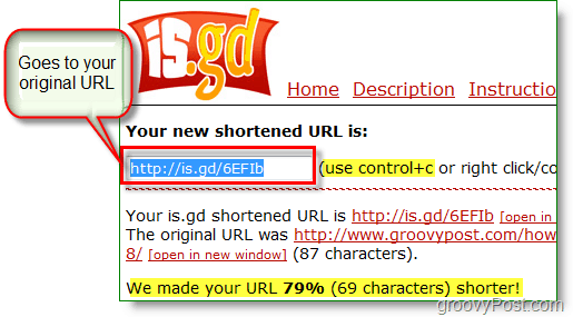 is.gd url shortener ekrano kopija - nukopijuokite naują trumpą URL
