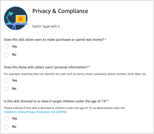 Atsakykite į „Alexa“ įgūdžių klausimus dėl privatumo ir atitikties.