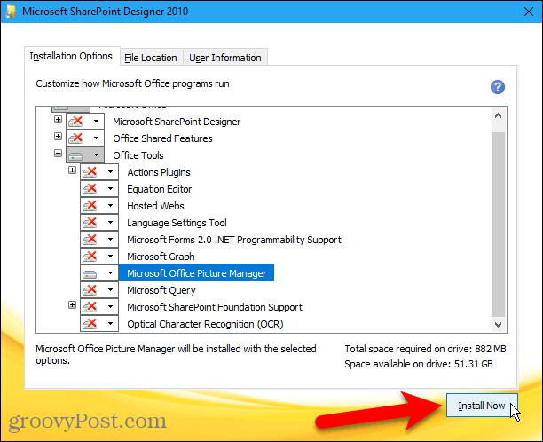 Spustelėkite Įdiegti dabar, kad įdiegtumėte „Microsoft Office Picture Manager“ iš „Sharepoint Designer 2010“