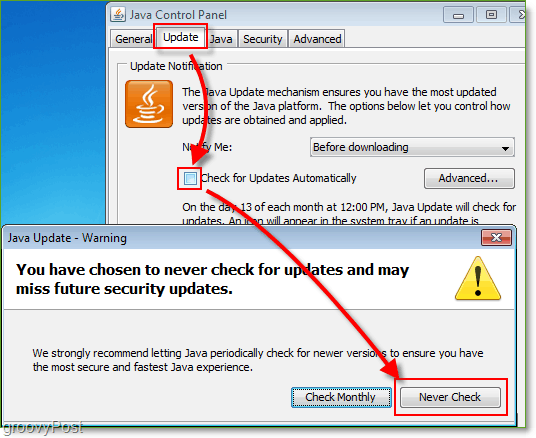 Ekrano vaizdas: „Windows 7“ išjungia „Java“ atnaujinimo tikrinimus