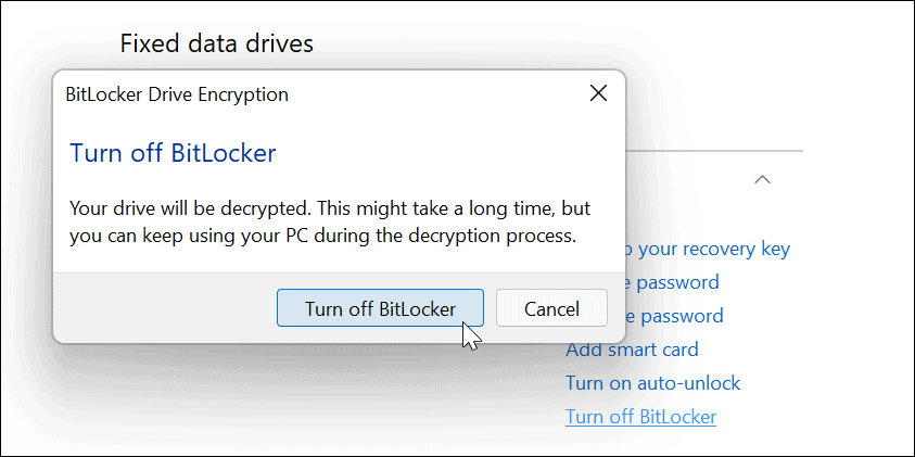 Išjunkite „BitLocker“ patvirtinimą