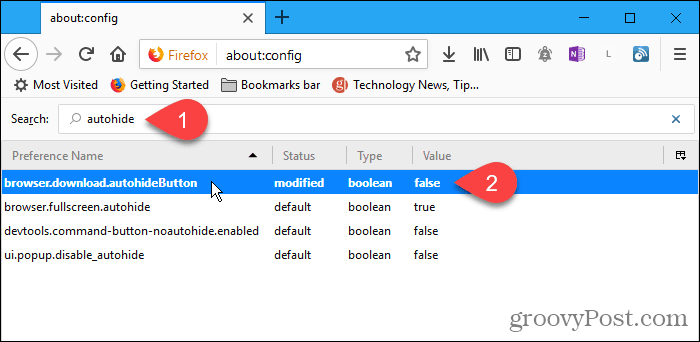 Dukart spustelėkite „autohideButton“ konfigūracijos parametrą „Firefox“