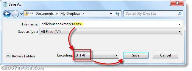 išsaugokite nešiojamojo kompiuterio failą kaip .enex su „utf-8“ kodavimu