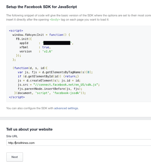 pridėkite „Facebook“ programos kodą prie svetainės