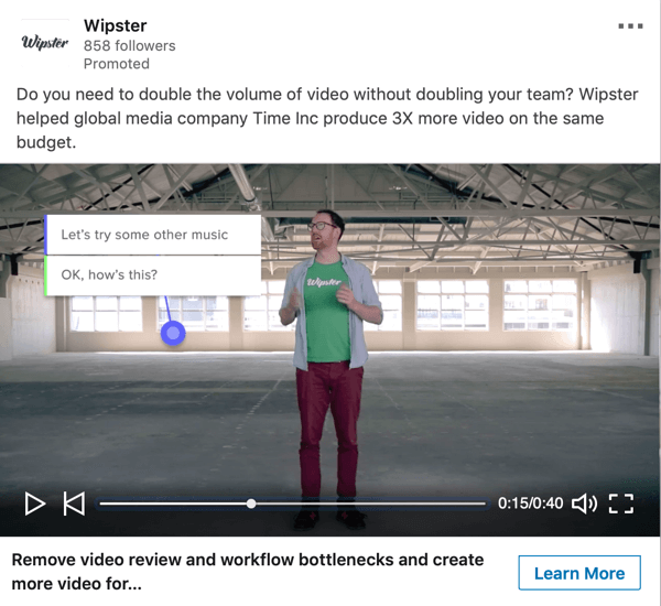 Kaip sukurti „LinkedIn“ objektyvius skelbimus, „Wipster“ remiamus vaizdo įrašų skelbimų pavyzdžius