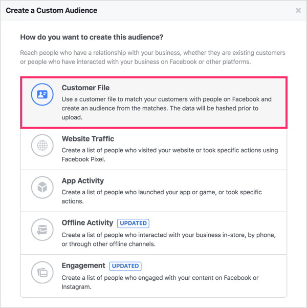 Pasirinkite „Kliento failas“ kaip pagrindą kuriamai „Facebook“ auditorijai.