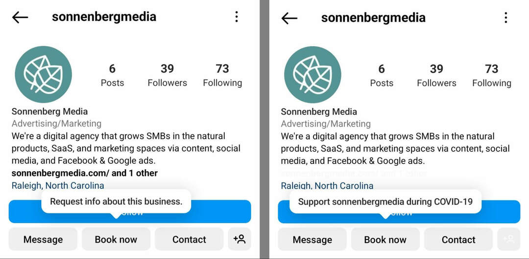 Kodėl rinkodaros specialistai turėtų naudoti „Instagrams-bookng-and-reservation-tools-extra-callouts-action-buttons-request-info-about-this-business-support-username-sonnenbergmedia-example-2