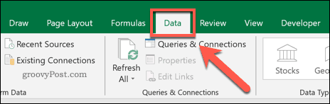 Skirtukas „Data“, esantis „Excel“ juostos juostoje