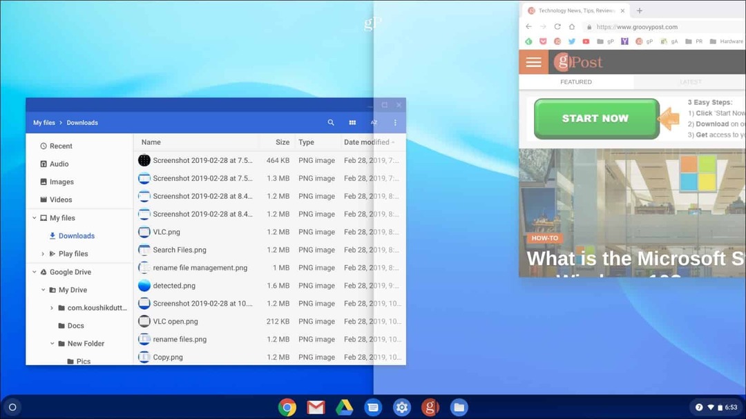 1 „Chromebook“ kompiuteris su padalijamu ekranu
