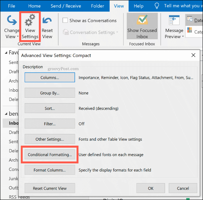Sąlyginio formato parinkčių mygtukas „Microsoft Outlook“