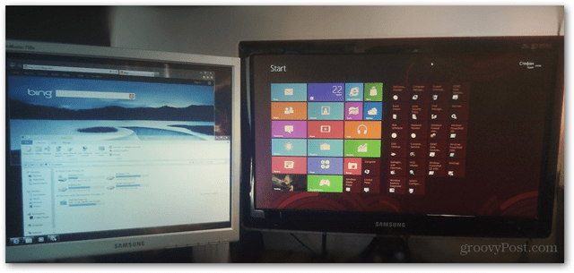 „Windows 8“ dvigubo monitoriaus sąrankos metro darbalaukio kombinacija, nustatanti daugiafunkcinį vaizdą