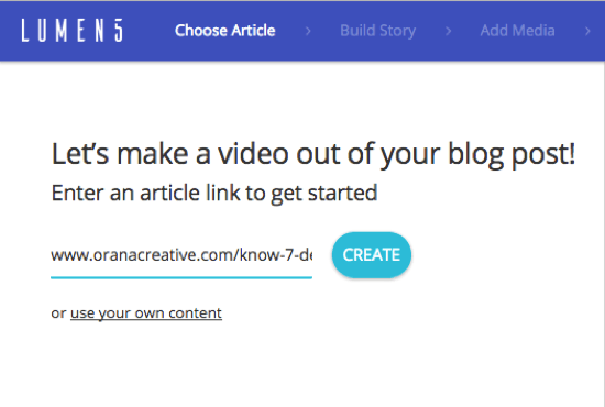 Pridėkite tinklaraščio įrašo, iš kurio norite sukurti „Lumen5“ vaizdo įrašą, URL.