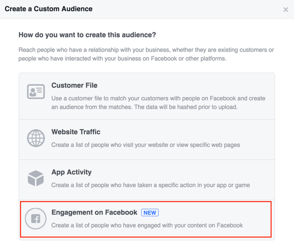Pasirinkite „Engagement on Facebook“, kad nustatytumėte „Facebook“ pasirinktinę auditoriją.