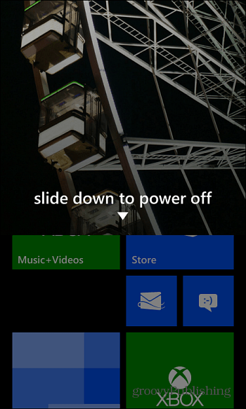 Nukreipkite žemyn į „Windows Phone 8“ išjungimą