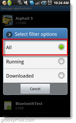 filtruoti visų „Android“ programų valdymą