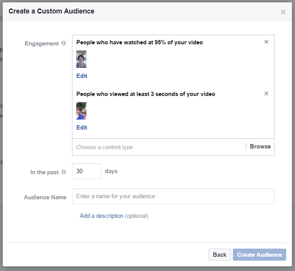Sukurkite pasirinktą auditoriją žmonių, kurie žiūrėjo skirtingus vaizdo įrašus jūsų „Facebook“ verslo puslapyje.