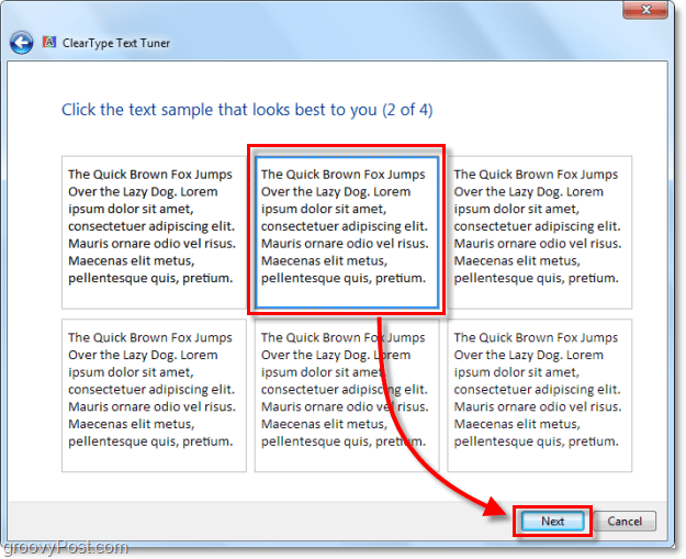 2 „ClearType“ kalibravimo veiksmas „Windows 7“