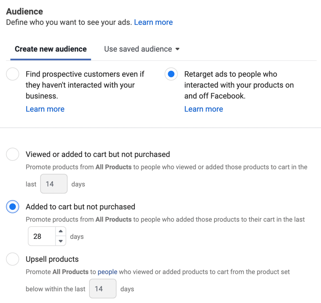 Vaizdas iš naujo nukreipti skelbimus į žmones, kurie sąveikavo su jūsų produktais „Facebook“ ir už jo ribų, pasirinkta skelbimų tvarkytuvėje