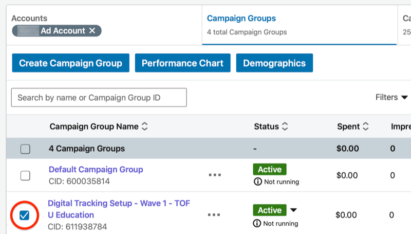 linkedin kampanijos vadybininko informacijos suvestinė su paryškinta nauja kampanijos grupe