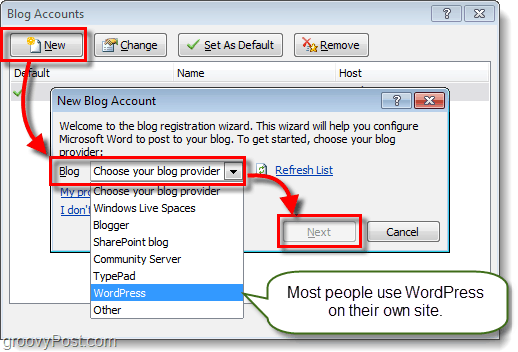 prijunkite savo tinklaraštį prie „Office 2010“