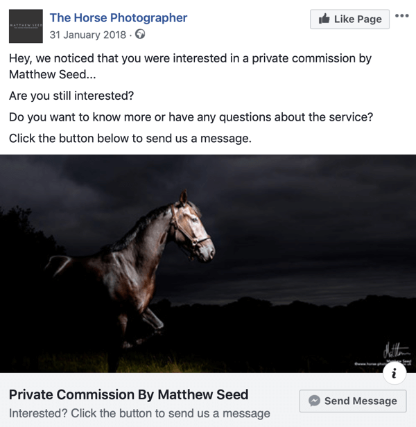 Kaip konvertuoti svetainės lankytojus naudojant „Facebook Messenger“ skelbimus, 3 žingsnis, paskelbkite „The Horse Photographer“ pavyzdį
